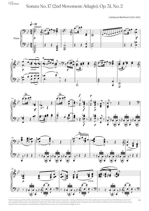 First page of the score of Sonata No. 17 (2nd Movement: Adagio), Op. 31, No. 2