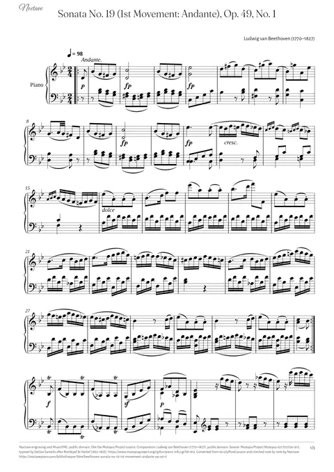 Première page de la partition de Sonata No. 19 (1st Movement: Andante), Op. 49, No. 1