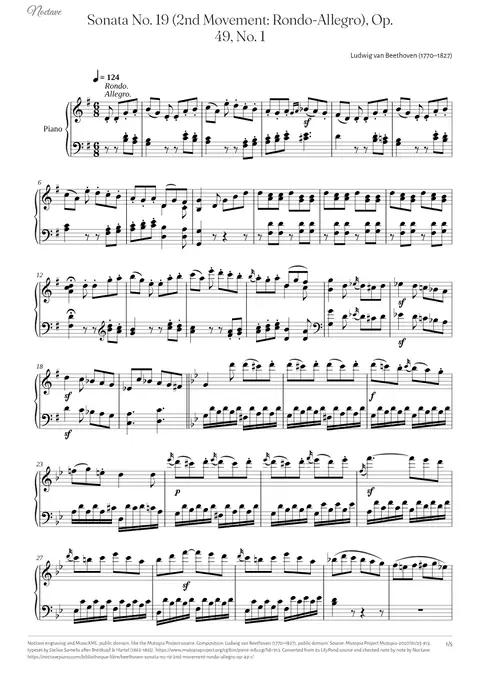 Première page de la partition de Sonata No. 19 (2nd Movement: Rondo-Allegro), Op. 49, No. 1