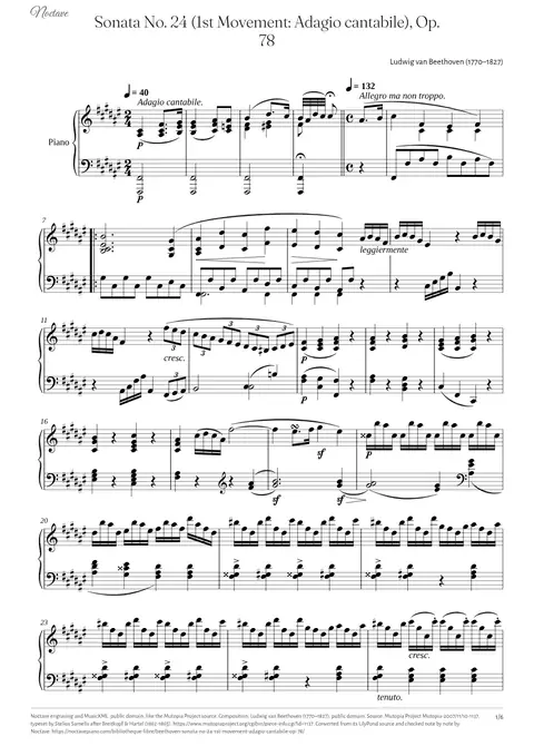 First page of the score of Sonata No. 24 (1st Movement: Adagio cantabile), Op. 78