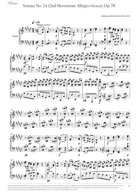 Première page de la partition de Sonata No. 24 (2nd Movement: Allegro vivace), Op. 78