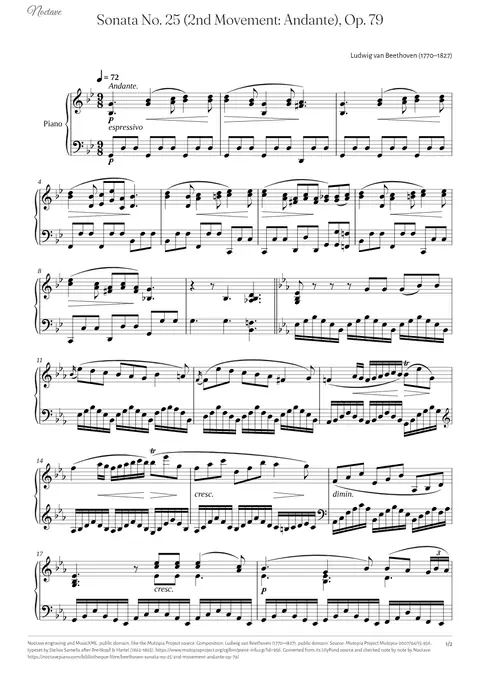 First page of the score of Sonata No. 25 (2nd Movement: Andante), Op. 79
