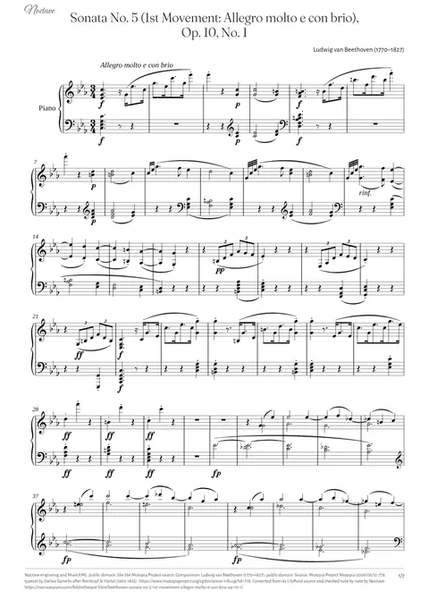 Première page de la partition de Sonata No. 5 (1st Movement: Allegro molto e con brio), Op. 10, No. 1