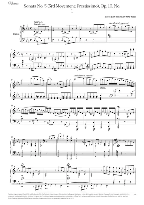 Première page de la partition de Sonata No. 5 (3rd Movement: Prestissimo), Op. 10, No. 1