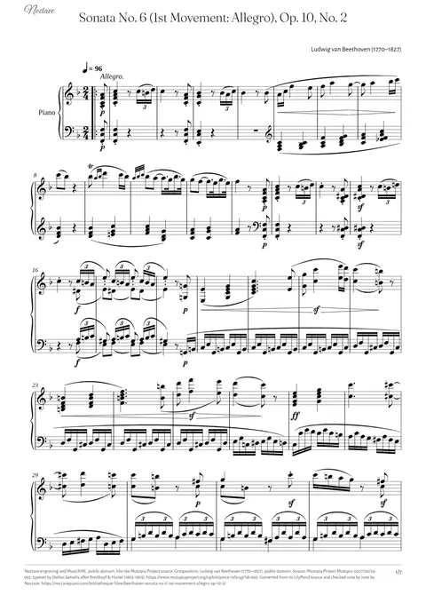 Première page de la partition de Sonata No. 6 (1st Movement: Allegro), Op. 10, No. 2