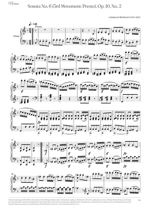 First page of the score of Sonata No. 6 (3rd Movement: Presto), Op. 10, No. 2