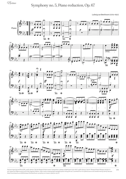 Première page de la partition de Symphony no. 5, Piano reduction, Op. 67