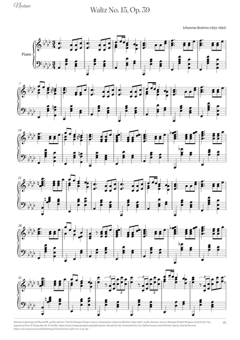 First page of the score of Waltz No. 15, Op. 39