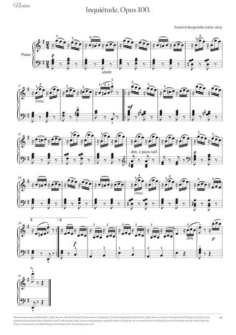 Première page de la partition de Inquiétude, Opus 100.