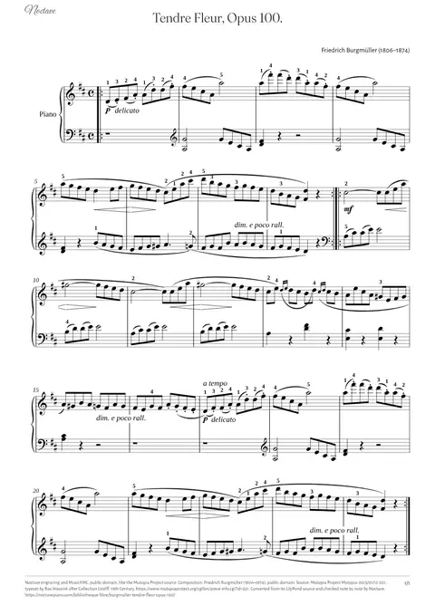 Première page de la partition de Tendre Fleur, Opus 100.