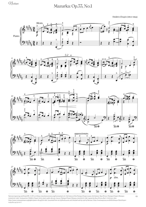 Première page de la partition de Mazurka: Op.33, No.1
