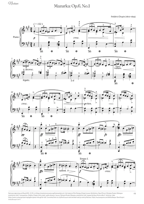 Première page de la partition de Mazurka: Op.6, No.1