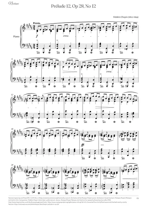 Première page de la partition de Prélude 12, Op 28, No 12