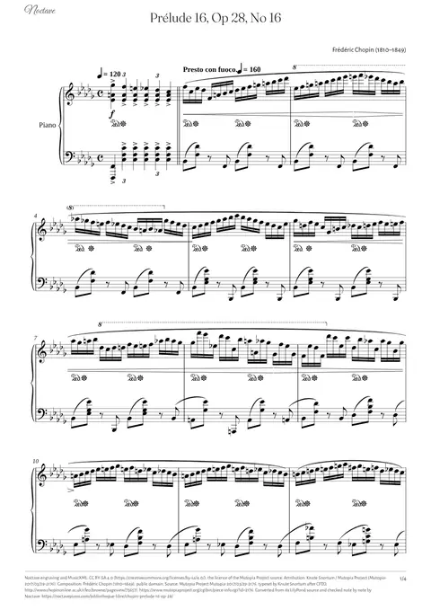 Première page de la partition de Prélude 16, Op 28, No 16