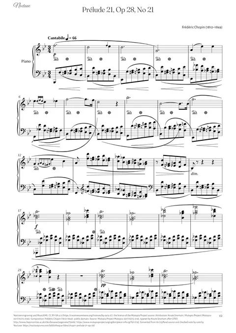 Première page de la partition de Prélude 21, Op 28, No 21
