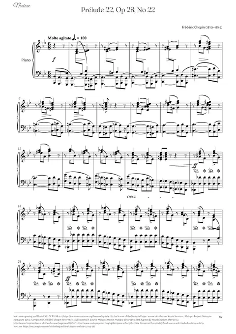 Première page de la partition de Prélude 22, Op 28, No 22