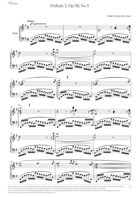 Première page de la partition de Prélude 3, Op 28, No 3