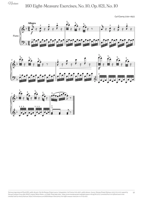 Première page de la partition de 160 Eight-Measure Exercises, No. 10, Op. 821, No. 10