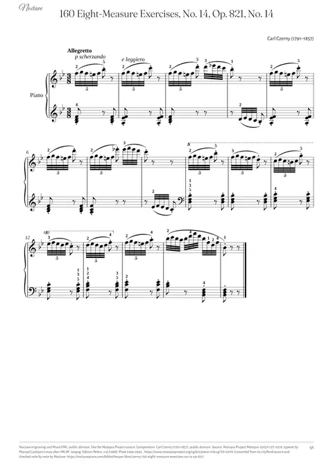 Première page de la partition de 160 Eight-Measure Exercises, No. 14, Op. 821, No. 14