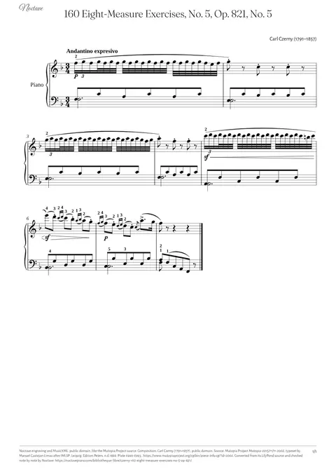 Première page de la partition de 160 Eight-Measure Exercises, No. 5, Op. 821, No. 5