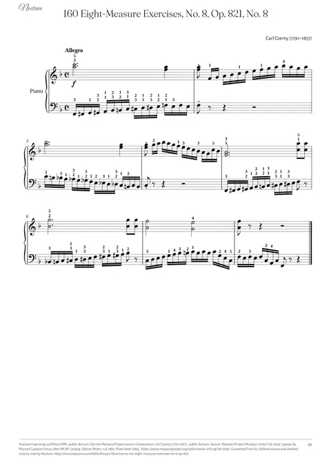 Première page de la partition de 160 Eight-Measure Exercises, No. 8, Op. 821, No. 8