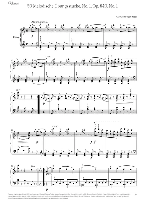 First page of the score of 50 Melodische Übungsstücke, No. 1, Op. 840, No. 1