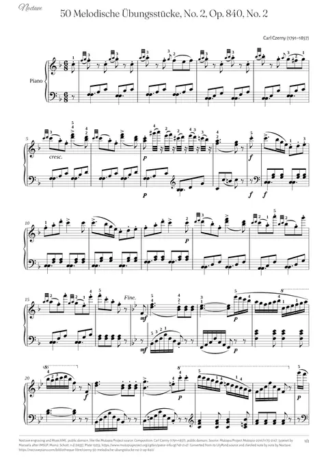 Première page de la partition de 50 Melodische Übungsstücke, No. 2, Op. 840, No. 2