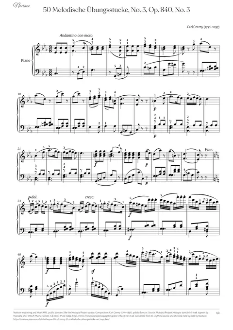 First page of the score of 50 Melodische Übungsstücke, No. 3, Op. 840, No. 3