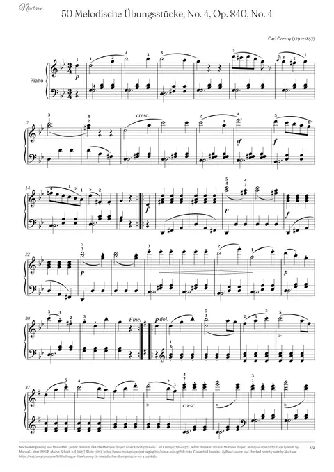 Première page de la partition de 50 Melodische Übungsstücke, No. 4, Op. 840, No. 4