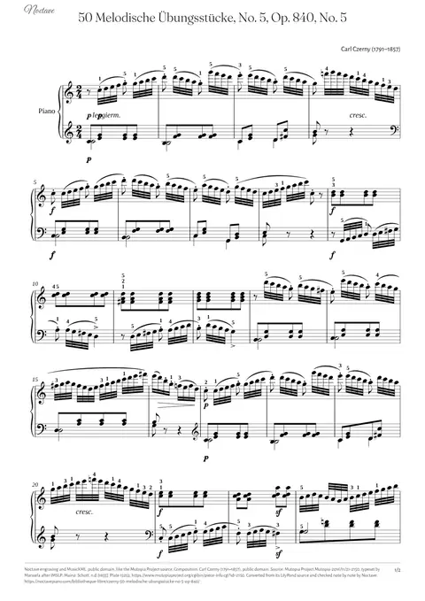 Première page de la partition de 50 Melodische Übungsstücke, No. 5, Op. 840, No. 5