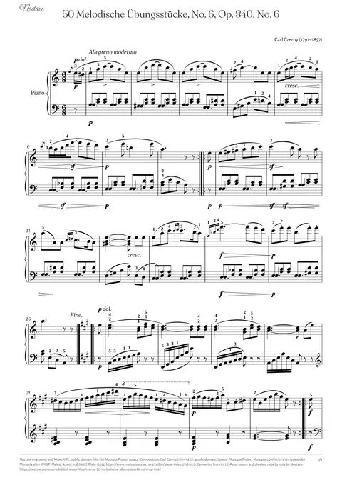 Première page de la partition de 50 Melodische Übungsstücke, No. 6, Op. 840, No. 6