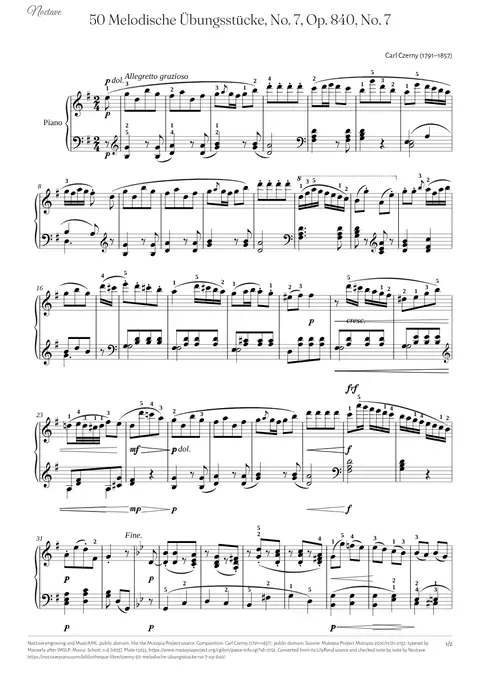 Première page de la partition de 50 Melodische Übungsstücke, No. 7, Op. 840, No. 7