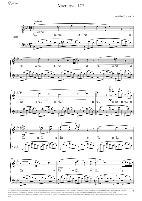 Première page de la partition de Nocturne, H.37