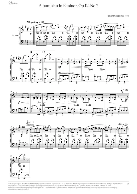 Première page de la partition de Albumblatt in E minor, Op 12, No 7