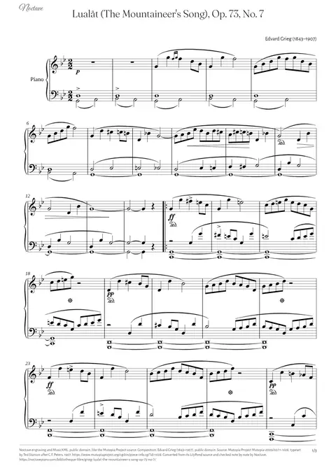 Première page de la partition de Lualåt (The Mountaineer's Song), Op. 73, No. 7