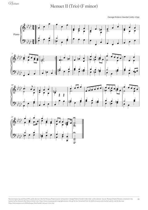Première page de la partition de Menuet II (Trio) (F minor)
