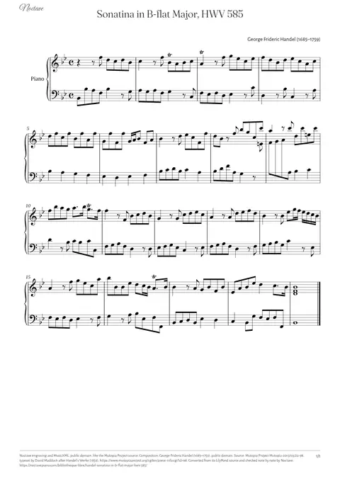 Première page de la partition de Sonatina in B-flat Major, HWV 585