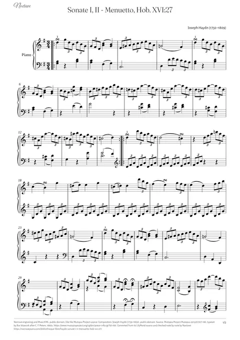 Première page de la partition de Sonate I, II - Menuetto, Hob. XVI:27