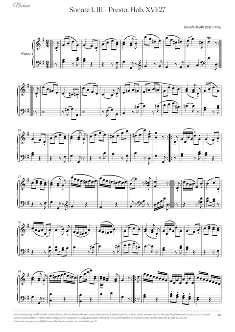 Première page de la partition de Sonate I, III - Presto, Hob. XVI:27