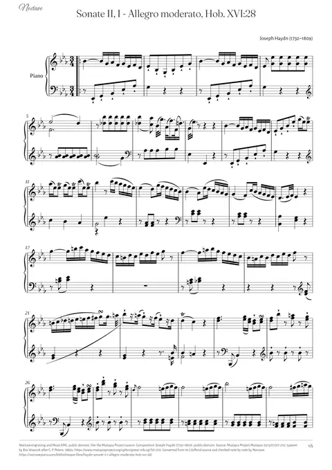 First page of the score of Sonate II, I - Allegro moderato, Hob. XVI:28