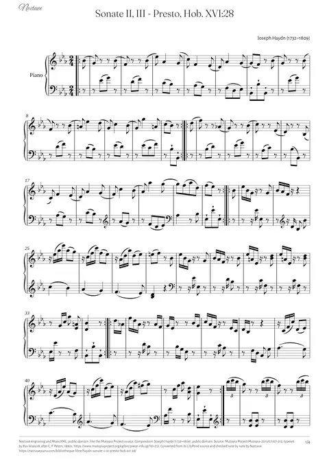 First page of the score of Sonate II, III - Presto, Hob. XVI:28