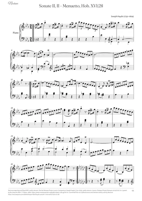 Première page de la partition de Sonate II, II - Menuetto, Hob. XVI:28