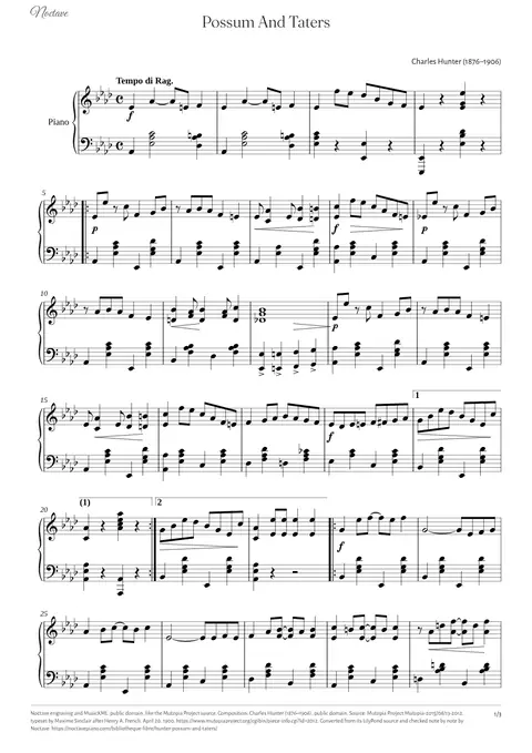 Première page de la partition de Possum And Taters