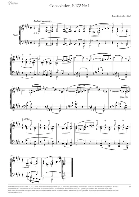 Première page de la partition de Consolation, S.172 No.1