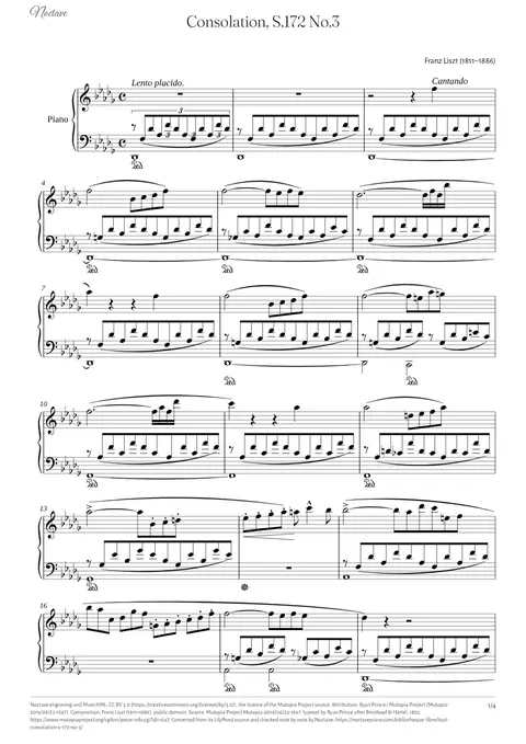 Première page de la partition de Consolation, S.172 No.3