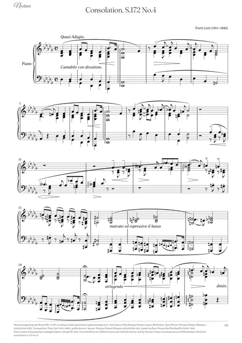 Première page de la partition de Consolation, S.172 No.4