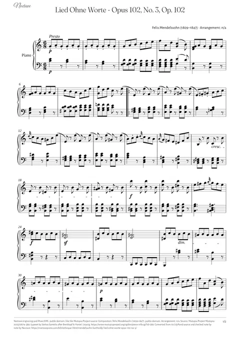 Première page de la partition de Lied Ohne Worte - Opus 102, No. 3, Op. 102