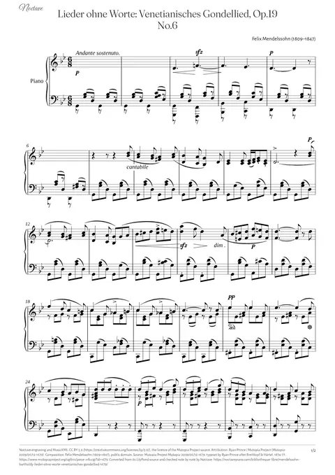 Première page de la partition de Lieder ohne Worte: Venetianisches Gondellied, Op.19 No.6