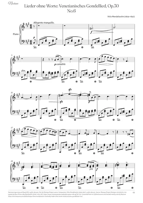 Première page de la partition de Lieder ohne Worte: Venetianisches Gondellied, Op.30 No.6
