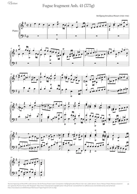 Première page de la partition de Fugue fragment Anh. 41 (375g)